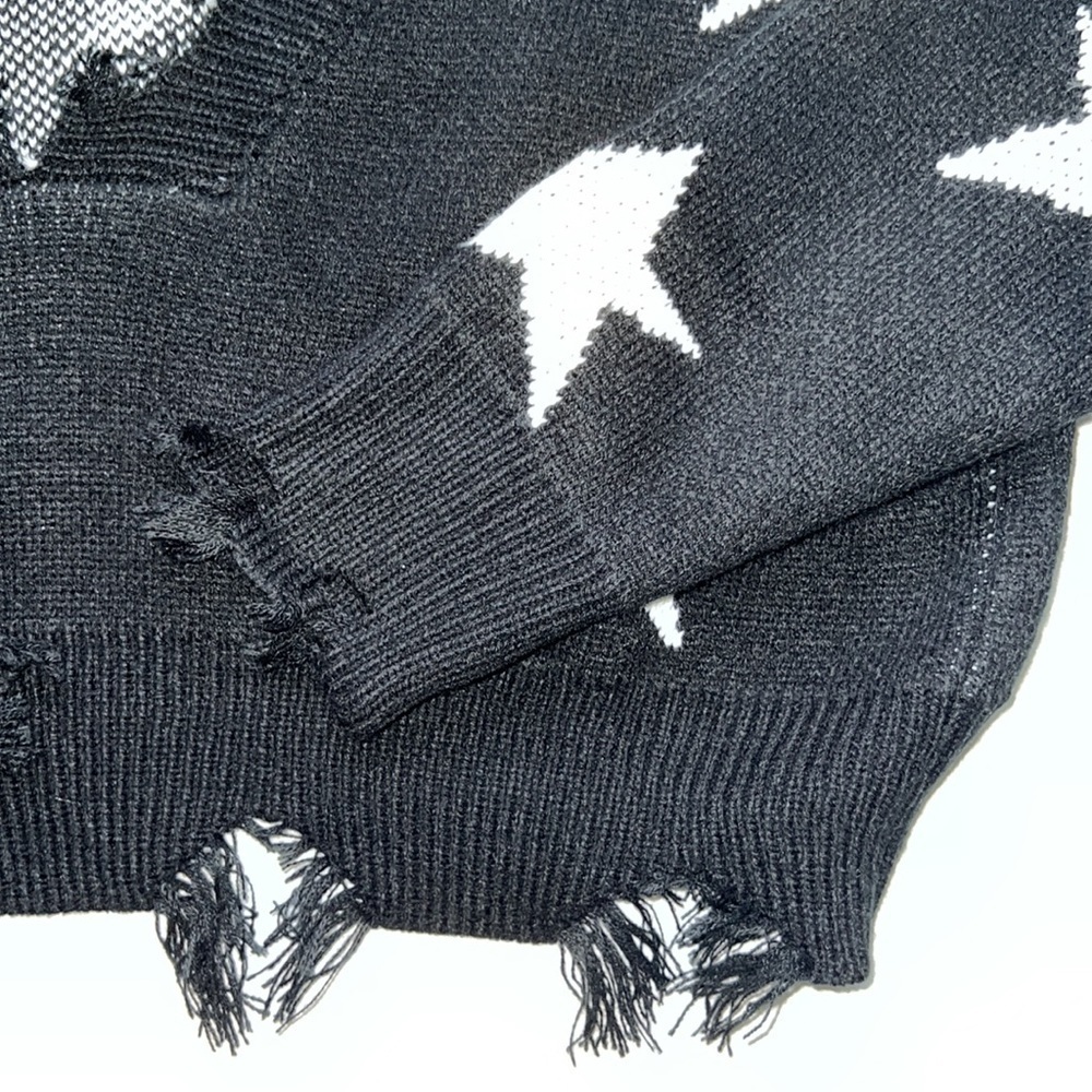 Black Zaful Distressed Sweater with White Star Pattern One Size - Picture 3 of 4